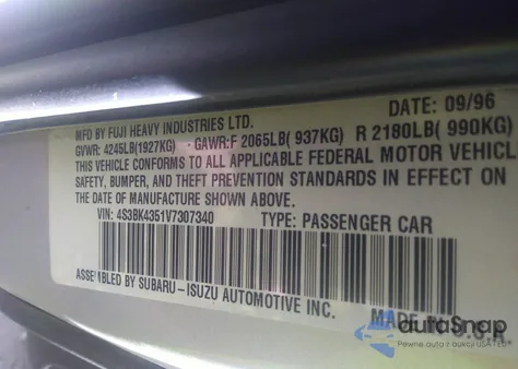 1997 Subaru Legacy L/Postal Right-Hand Drive z USA, uszkodzony, nr VIN 4S3BK4351V7307340